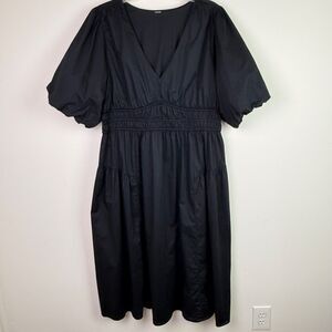 Old Navy Womens Black Puff-Sleeve Fit and Flare Midi Dress Smocked Waist Size XL